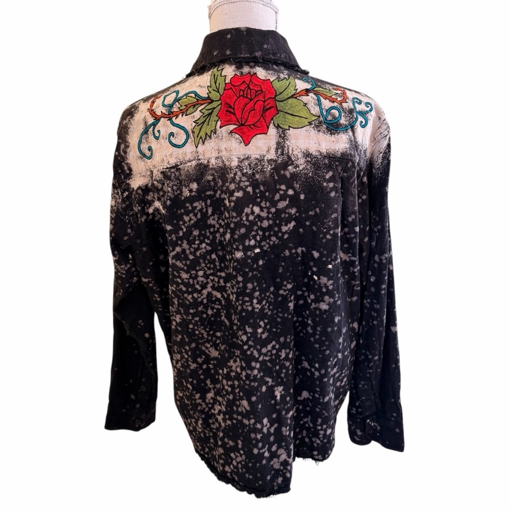A Rare Bird "Smell the Roses" Distressed Black Flannel Shirt Rose Embroidery - Picture 7 of 12